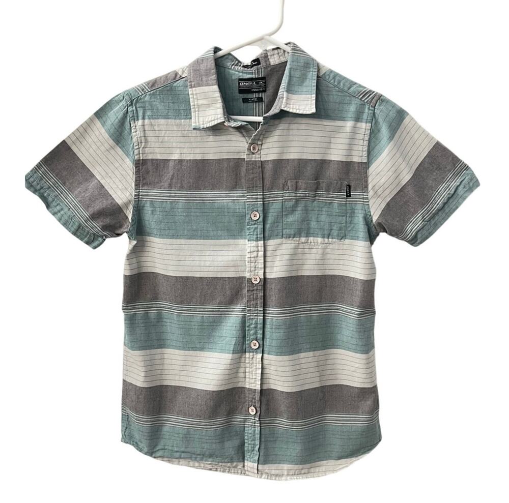 O'Neill Boys Button Down Shirt Short Sleeve Sz XL Standard Fit Gray Green Skate